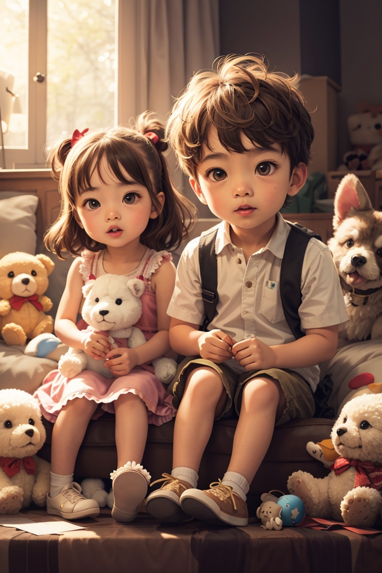 Adorable children sitting with fluffy toys, exuding joy and comfort