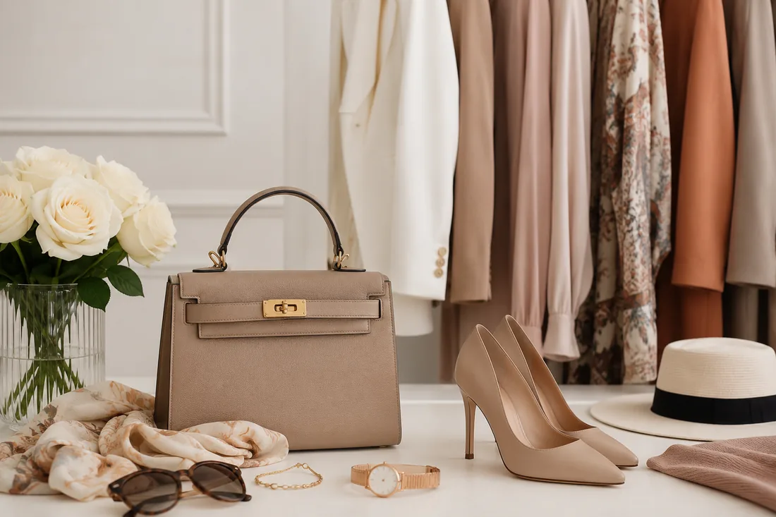 Women’s accessories with handbag, heels, hat, sunglasses and wardrobe pieces